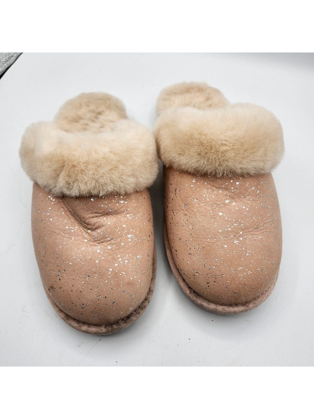 Sparkle Scuff Slipper Cozy Tan Wool Fur-Lined Sz 8